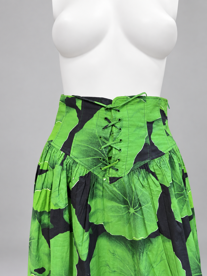Kenzo Paris 1990s green leaf print corset maxi skirt
