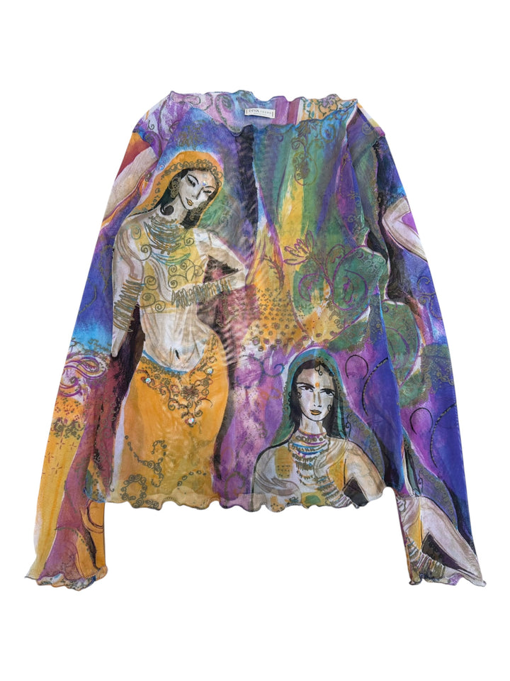 2000s sheer mesh art print top medium