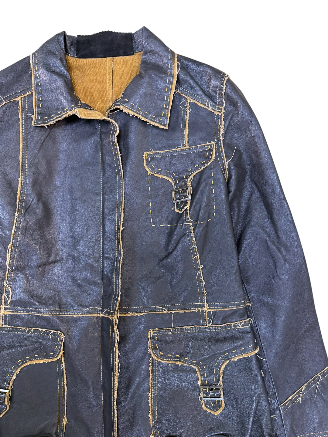 Vintage distressed leather utility coat small
