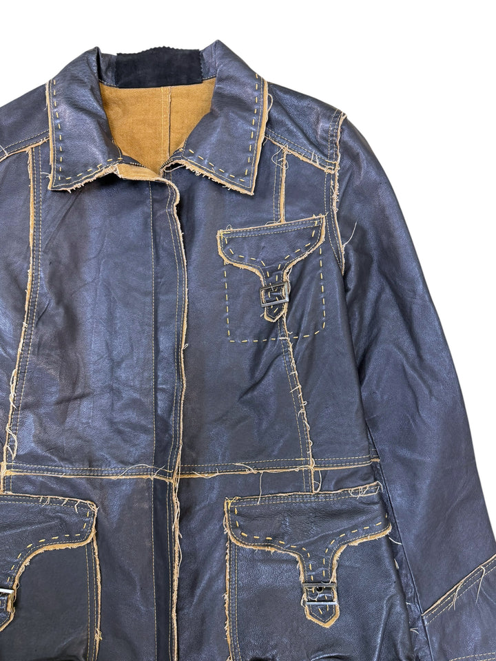 Vintage distressed leather utility coat small