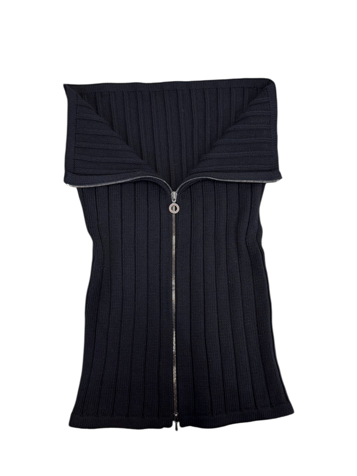 CHANEL Identification ribbed wool zip off-shoulder top