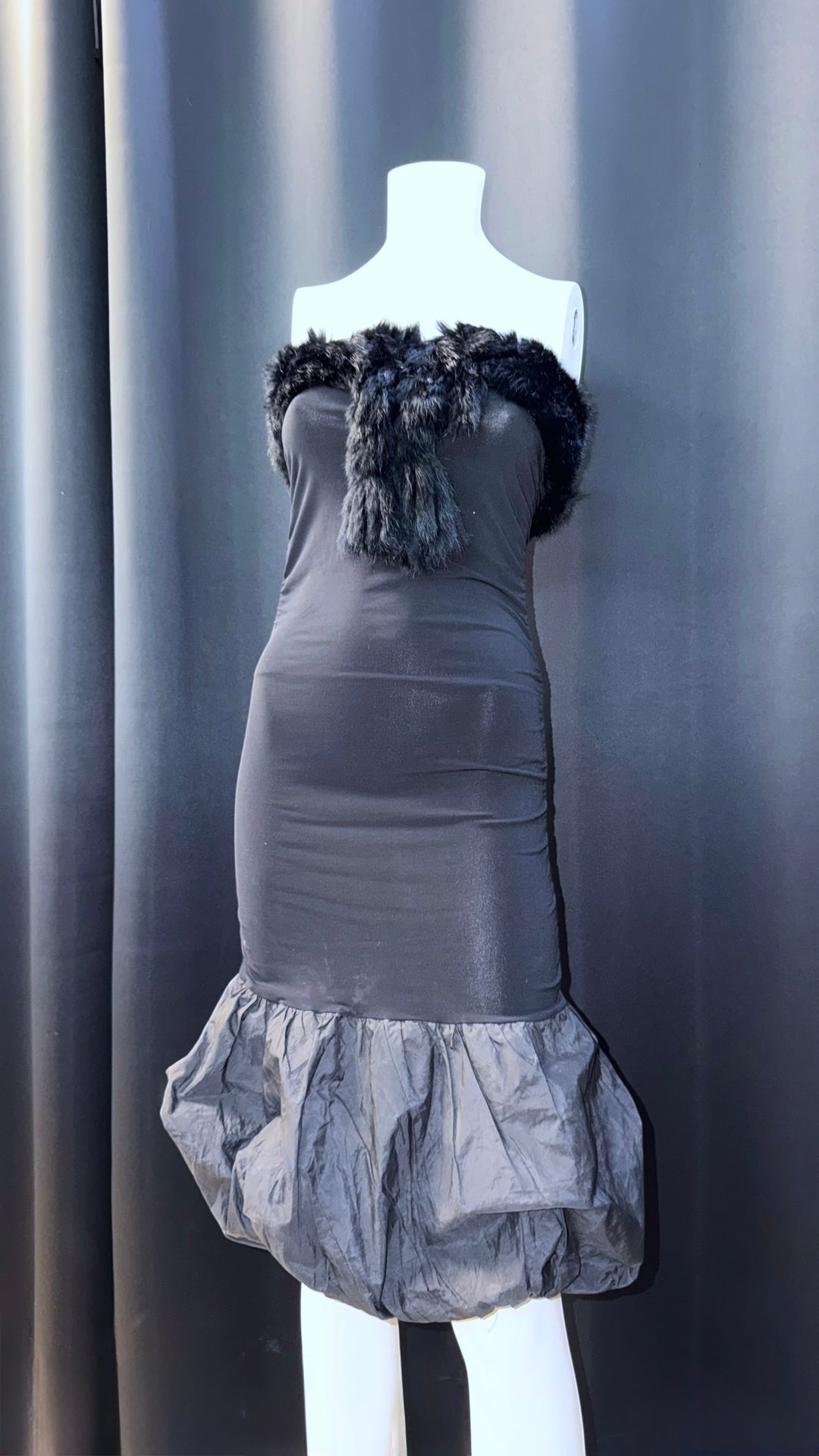 Vintage strapless evening dress with faux fur neckline & balloon hem