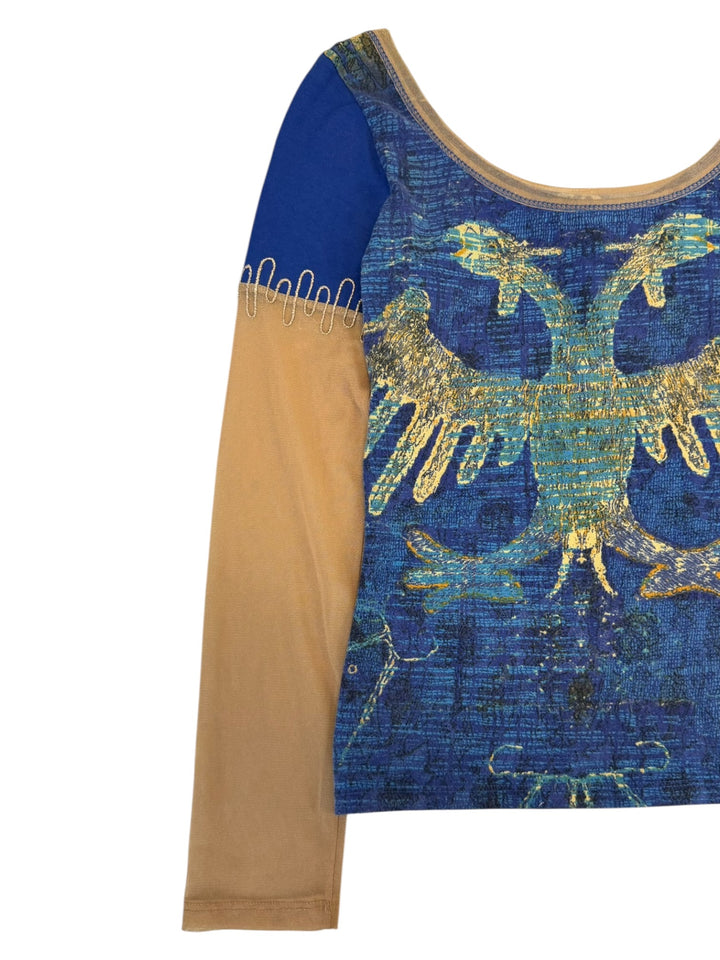 Save the Queen printed mesh long sleeve top