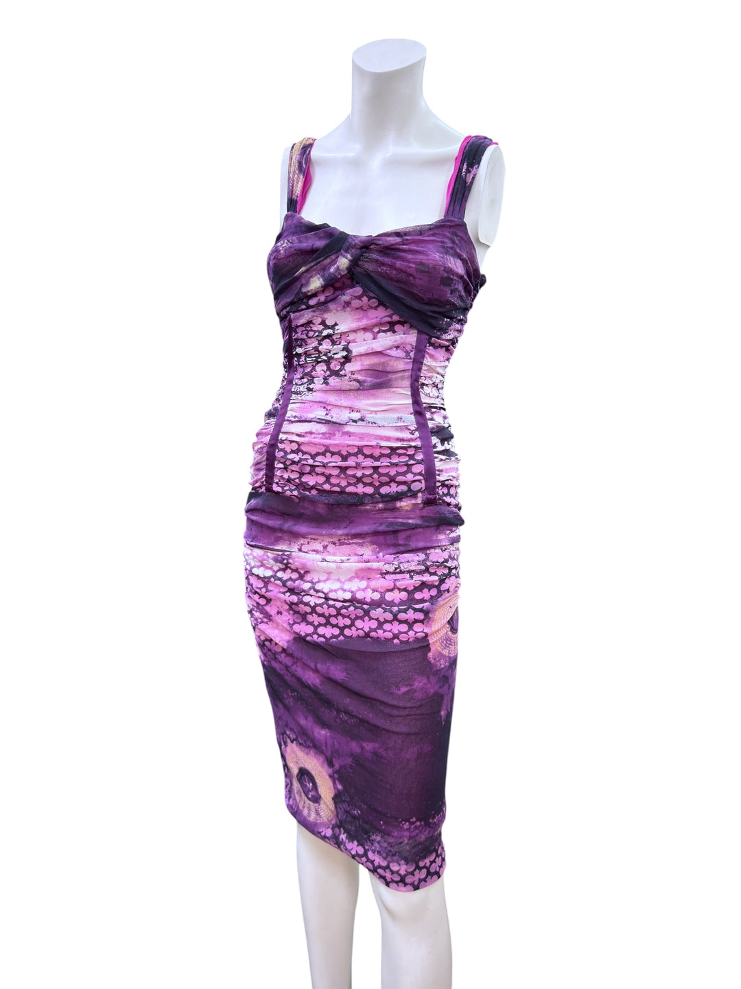 Roberta Scarpa purple ruched mesh midi dress
