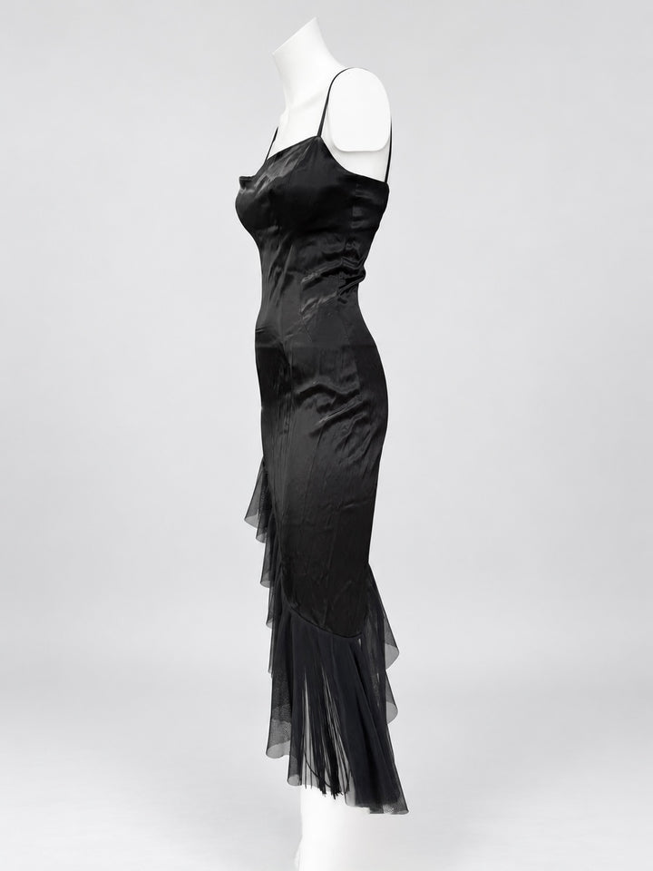 Zinas black satin asymmetric fringe dress