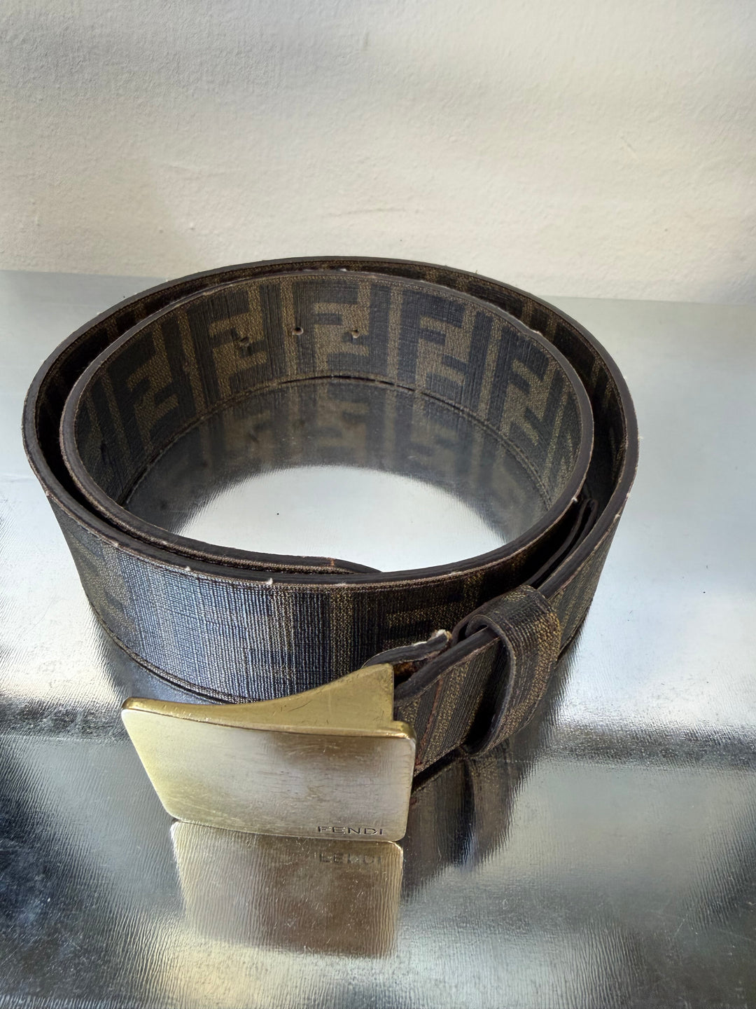 FENDI Late 1990s Zucca Canvas Belt with Brass Plate Buckle