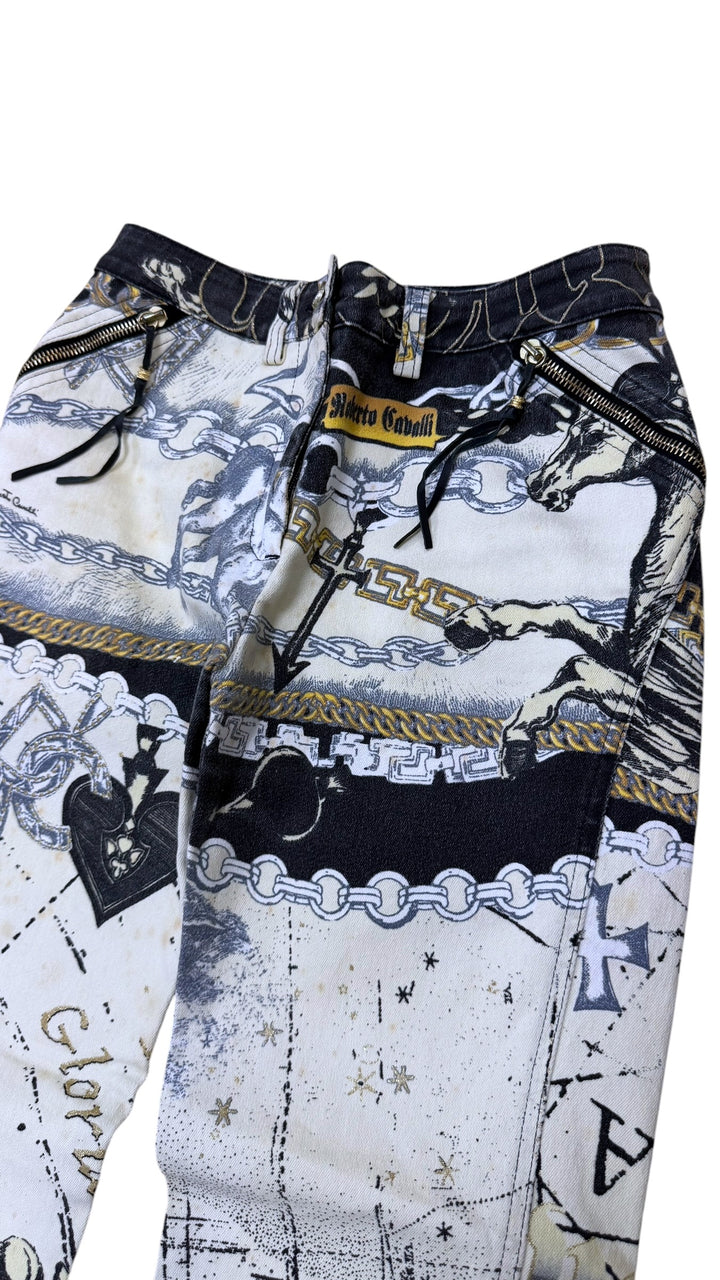 Roberto Cavalli 2003 chain & horse print straight leg jeans - archive graphic denim