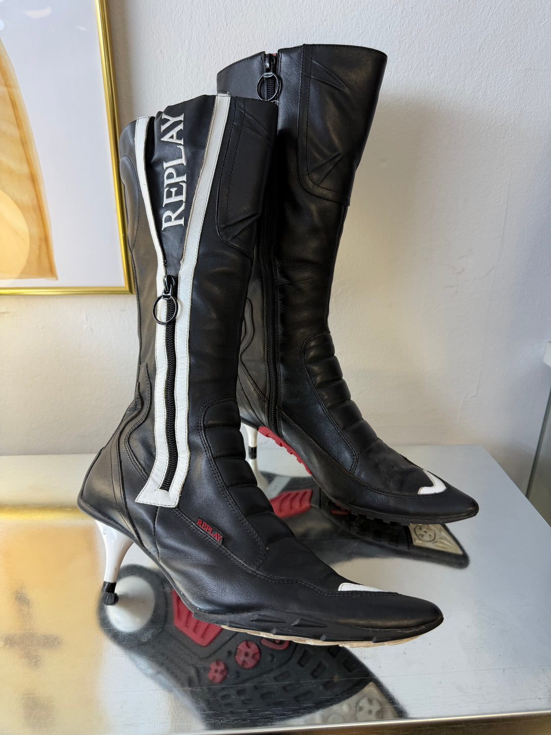 REPLAY Moto Heeled Boots 2000s Black & White Leather EU37