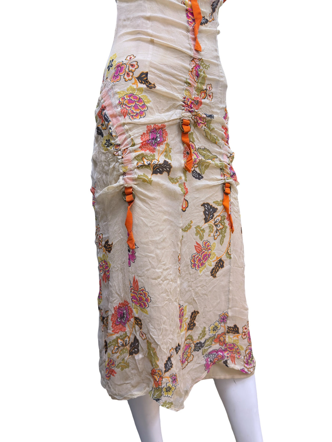 Vintage floral silk ruched midi dress