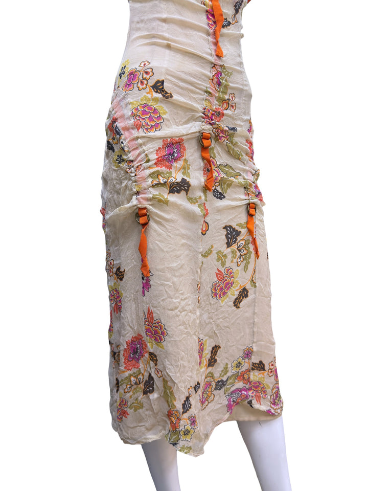 Vintage floral silk ruched midi dress
