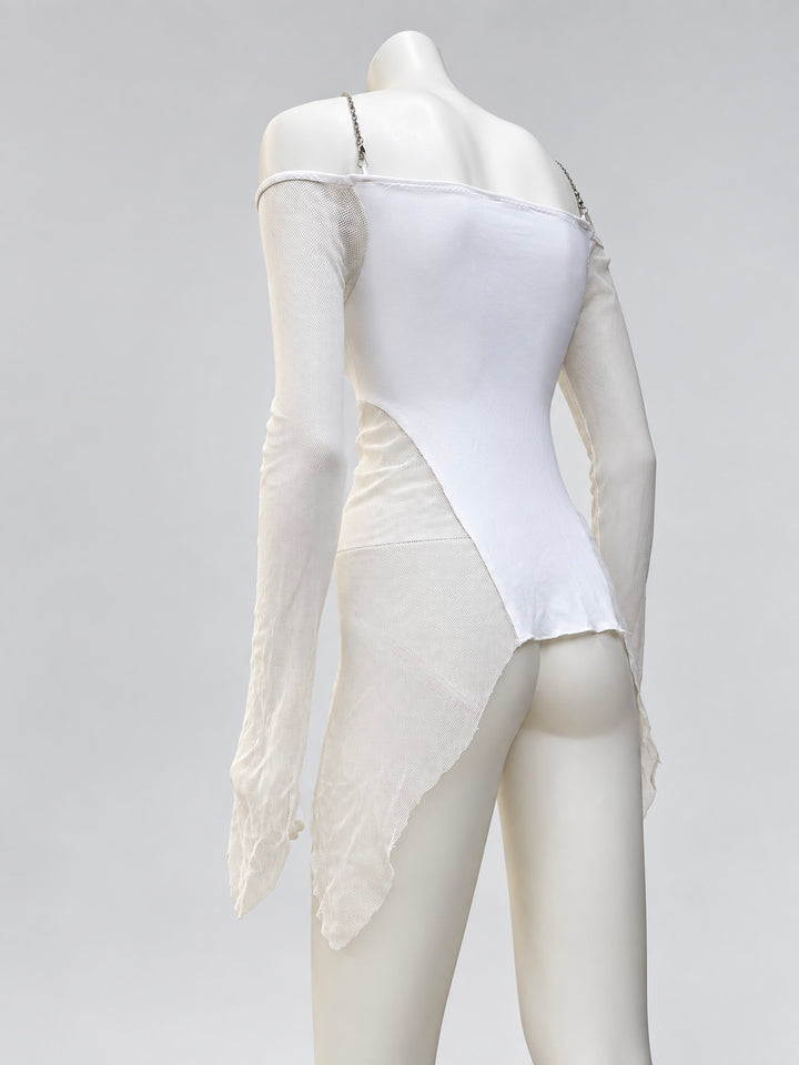 2000s chain halter mesh sleeve asymmetric top