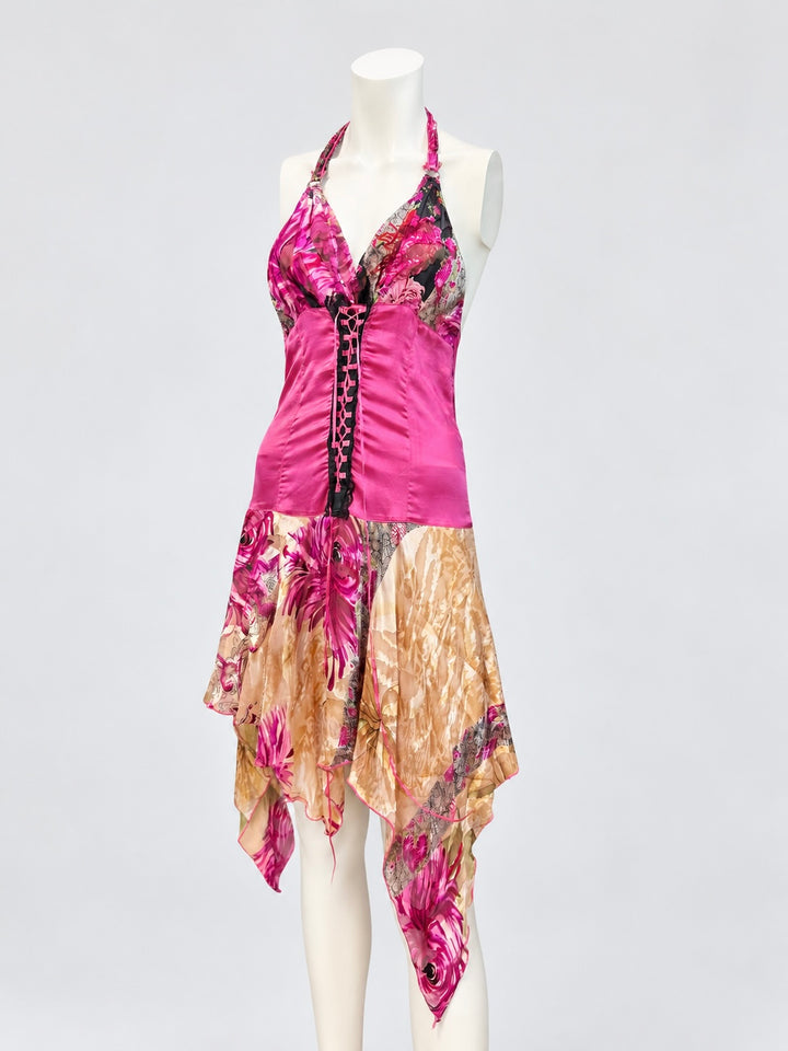 2000s halter asymmetric floral dress