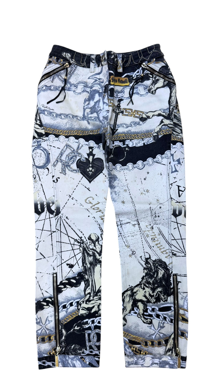 Roberto Cavalli 2003 chain & horse print straight leg jeans - archive graphic denim