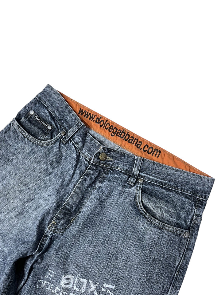 Dolce&Gabbana Statement Jeans – Orange Text Panels & Heavy Distressing – Y2K Era - Men's Large