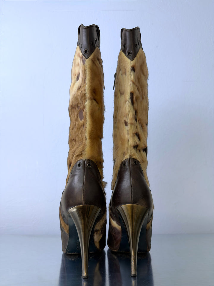 Coccinelle vintage pony hair leather knee high boots brown italian stiletto heels