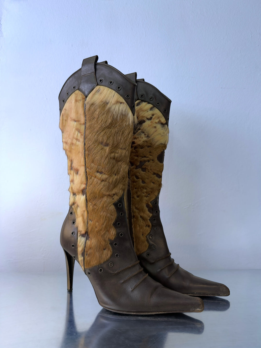 Coccinelle vintage pony hair leather knee high boots brown italian stiletto heels