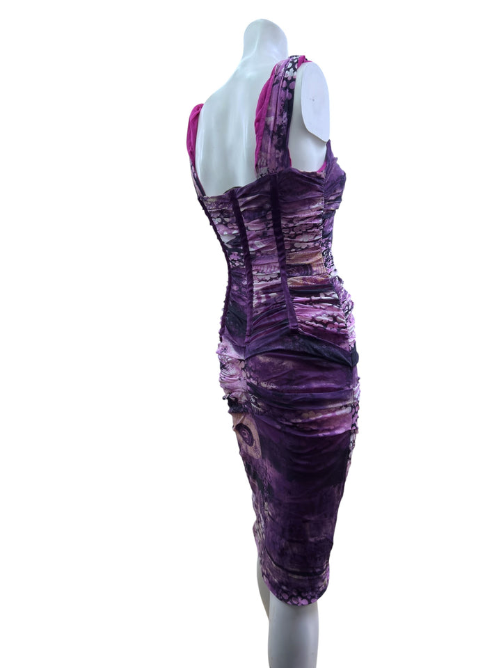 Roberta Scarpa purple ruched mesh midi dress