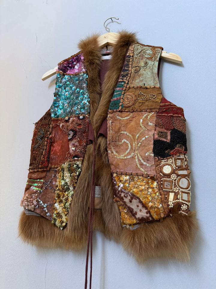 Pinko Laborioso Embroidered Patchwork Fur-Trim Vest S-M