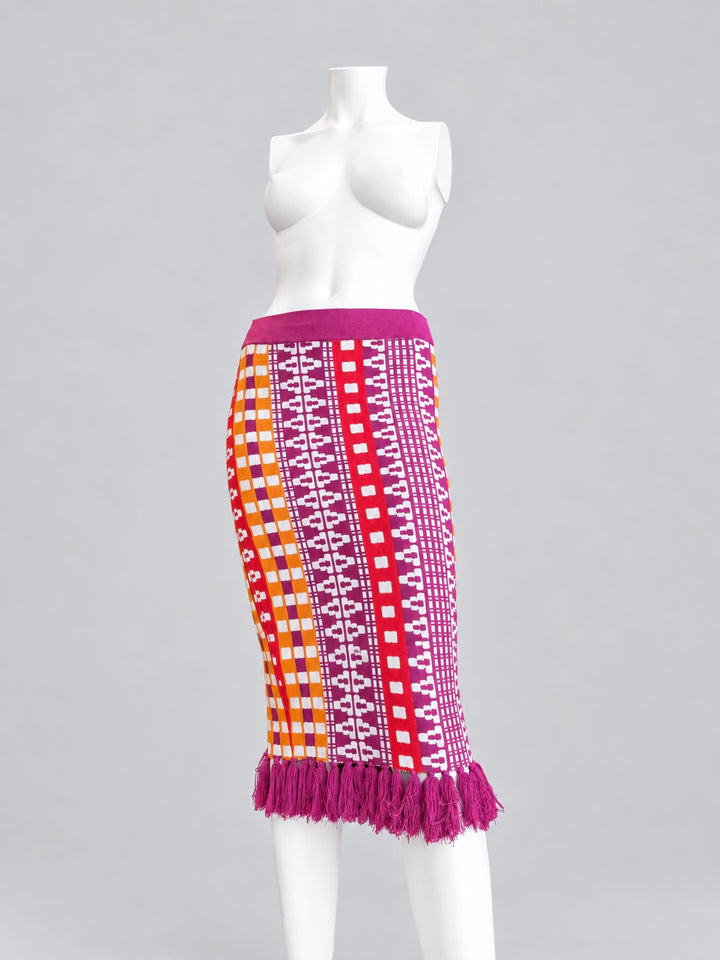 Pinko geometric knit midi skirt multicolor fringe hem small