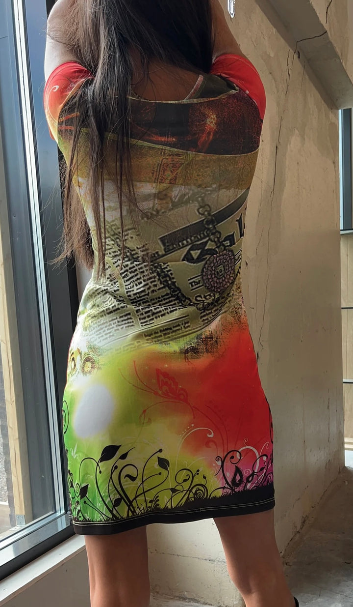 John Galliano Newspaper Print Bodycon Dress Medium