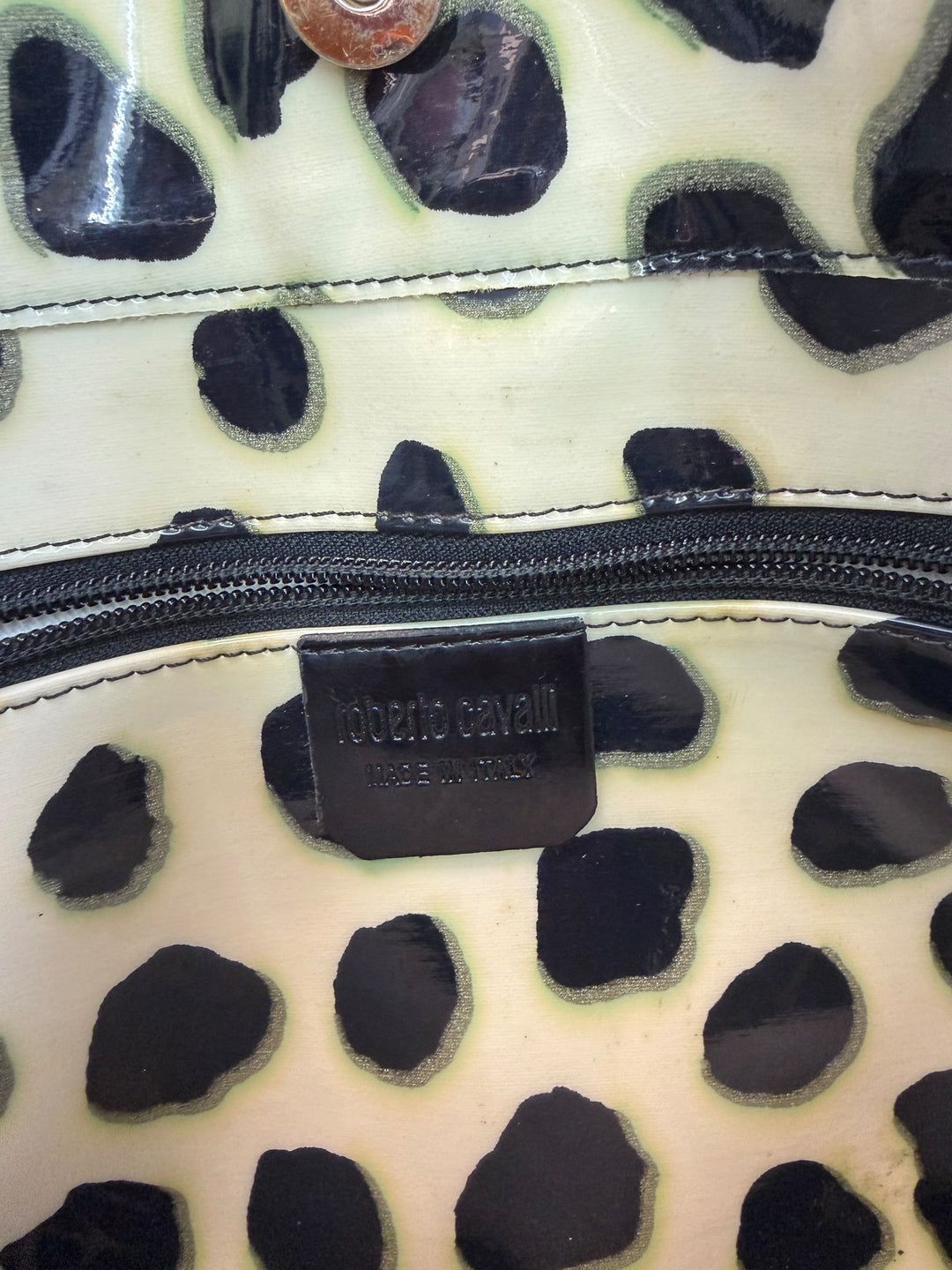 Roberto Cavalli vintage giraffe print patent tote bag