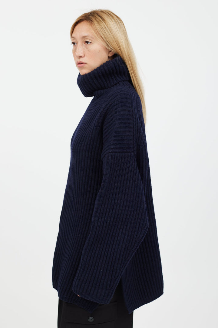 Acne Studios navy rib knit turtleneck sweater