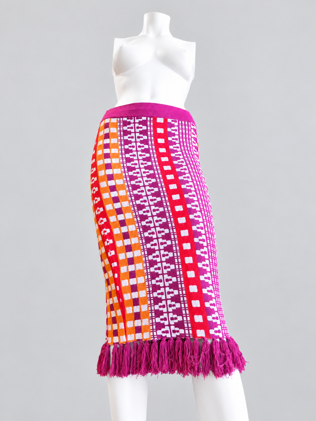 Pinko geometric knit midi skirt multicolor fringe hem small
