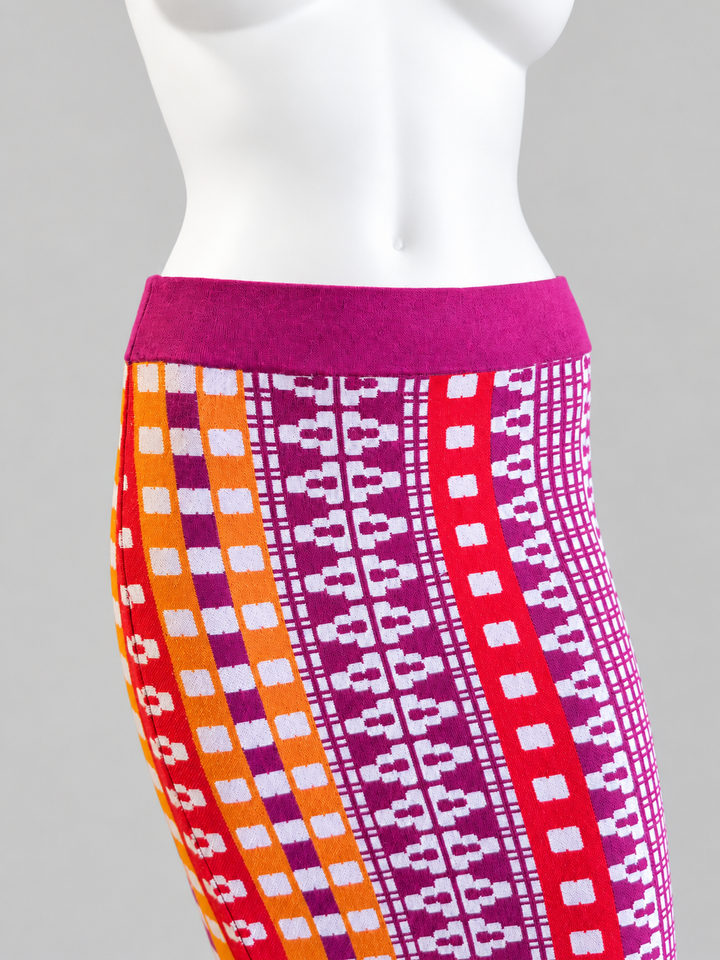 Pinko geometric knit midi skirt multicolor fringe hem small