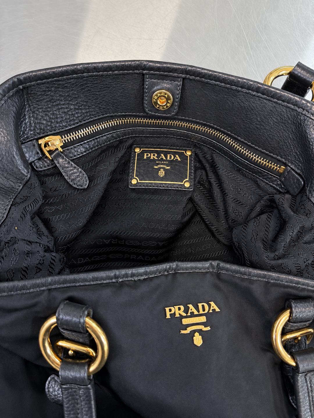 Prada black nylon & leather tote bag