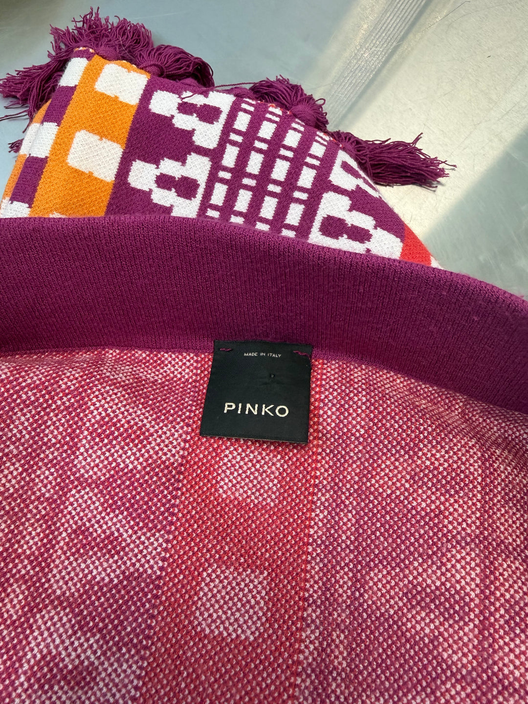 Pinko geometric knit midi skirt multicolor fringe hem small