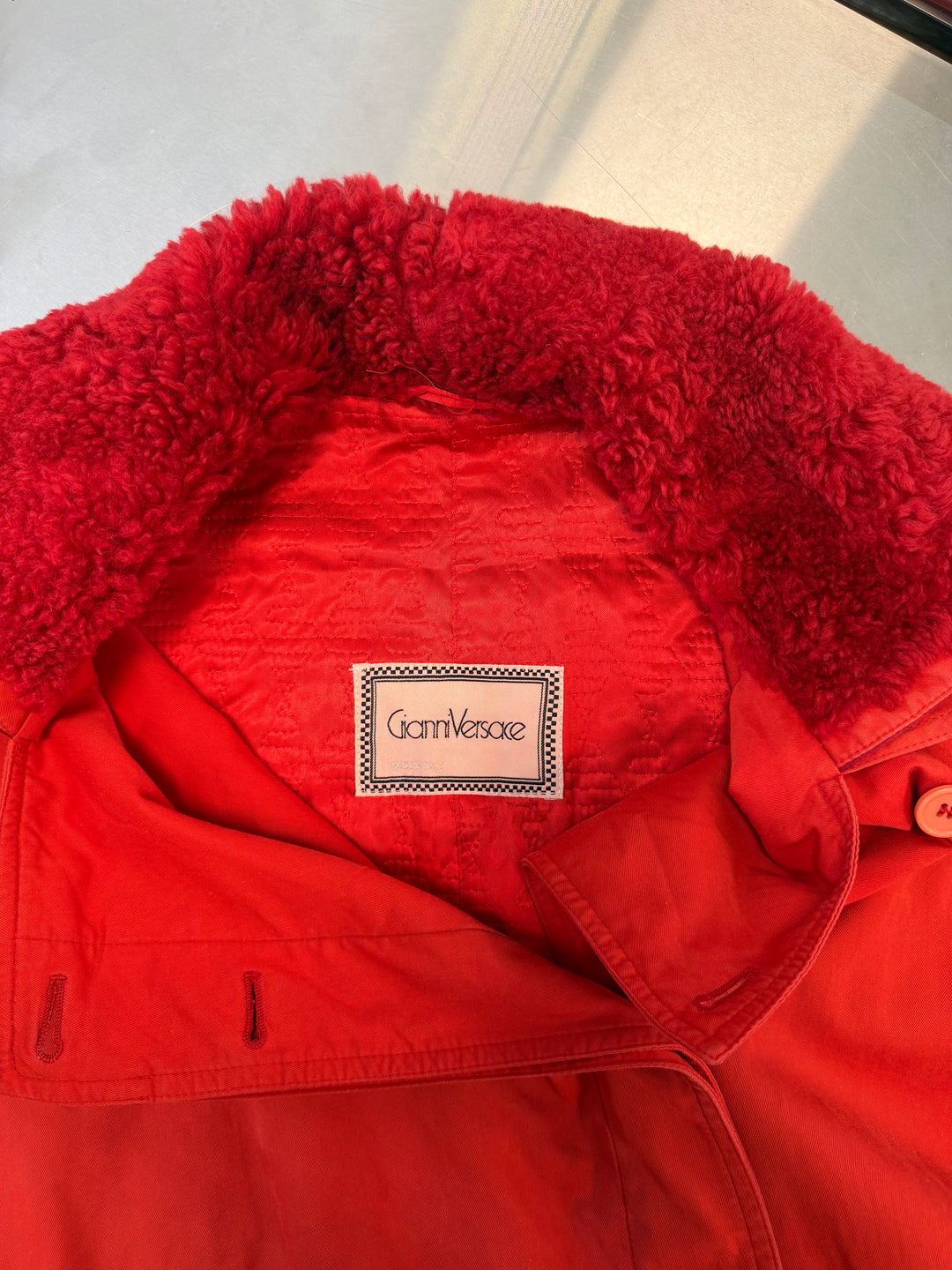 Gianni Versace red cotton coat with faux shearling collar/cuffs (One Size / fits M–L)