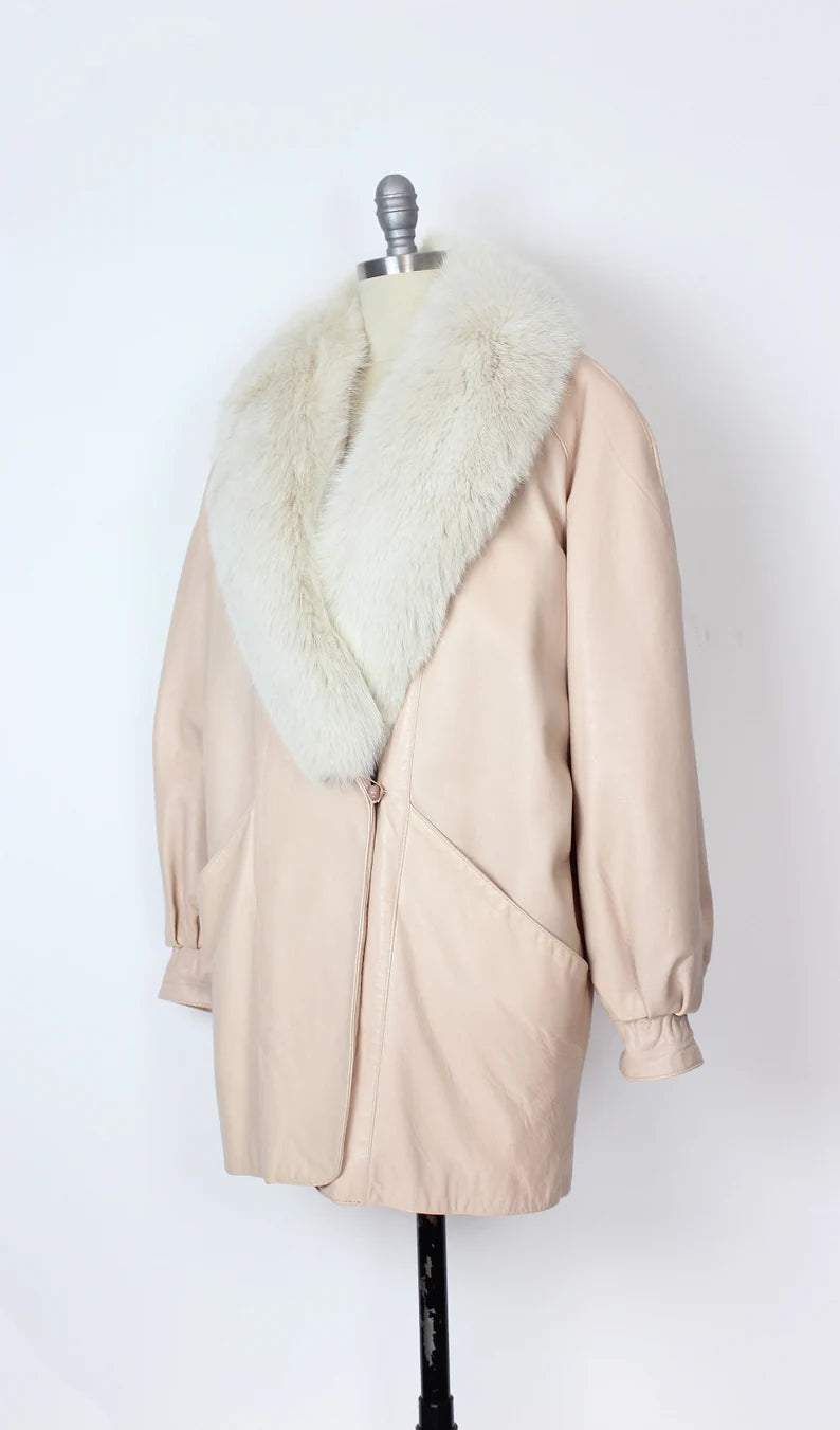 Vintage 80's Blush Pink Leather Fur Coat Women's Oversized Small