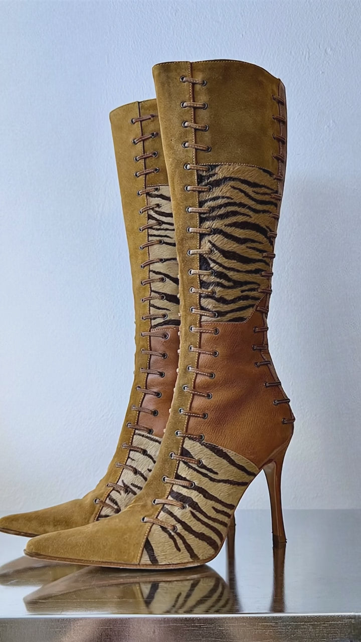 MARE 2000s lace-up leather boots with animal print panels