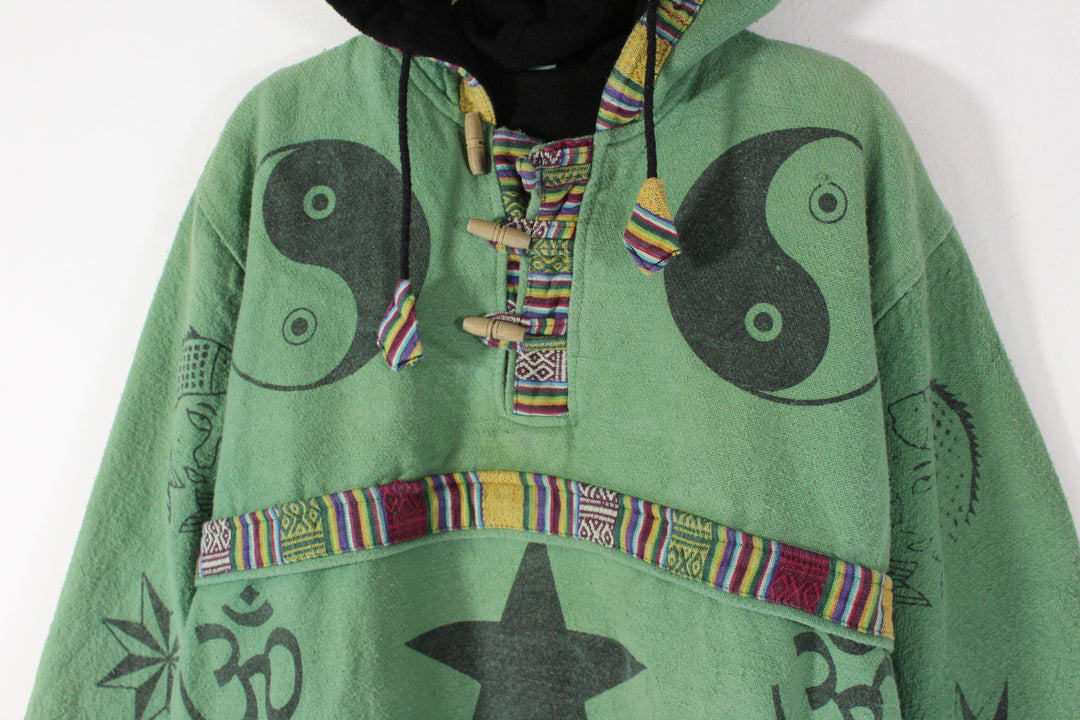 Vintage Pixie Abstract Art Wooden Button Hoodie Men's Small