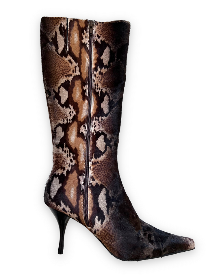 Faux Fur Snake Print Pointy Boots Size 37