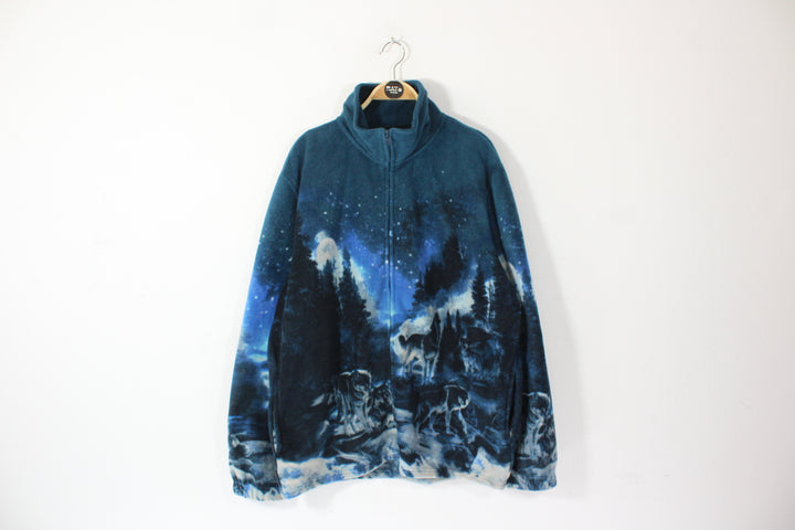 Vintage Wolf Print Fleece Jacket Men's Extra Large