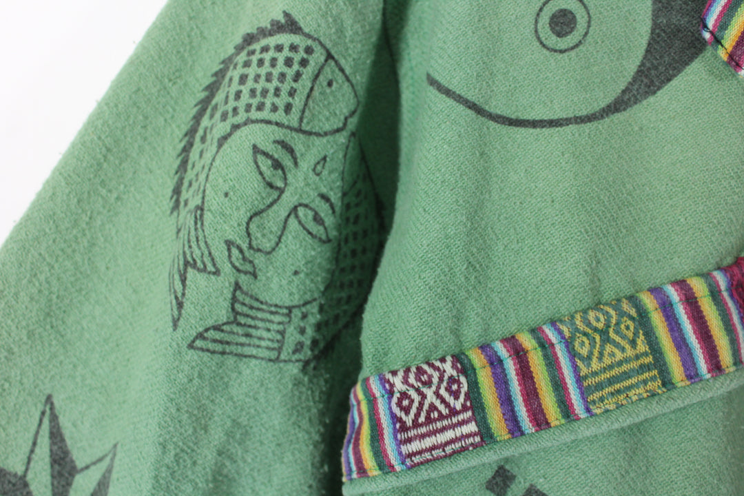 Vintage Pixie Abstract Art Wooden Button Hoodie Men's Small