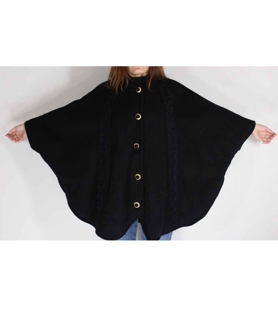 Vintage Buttoned Poncho w/ Shoulder Pads - One Size