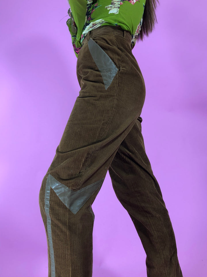 Vintage Super High Waisted Corduroy Pants w/ Letherette Details - Women's Medium