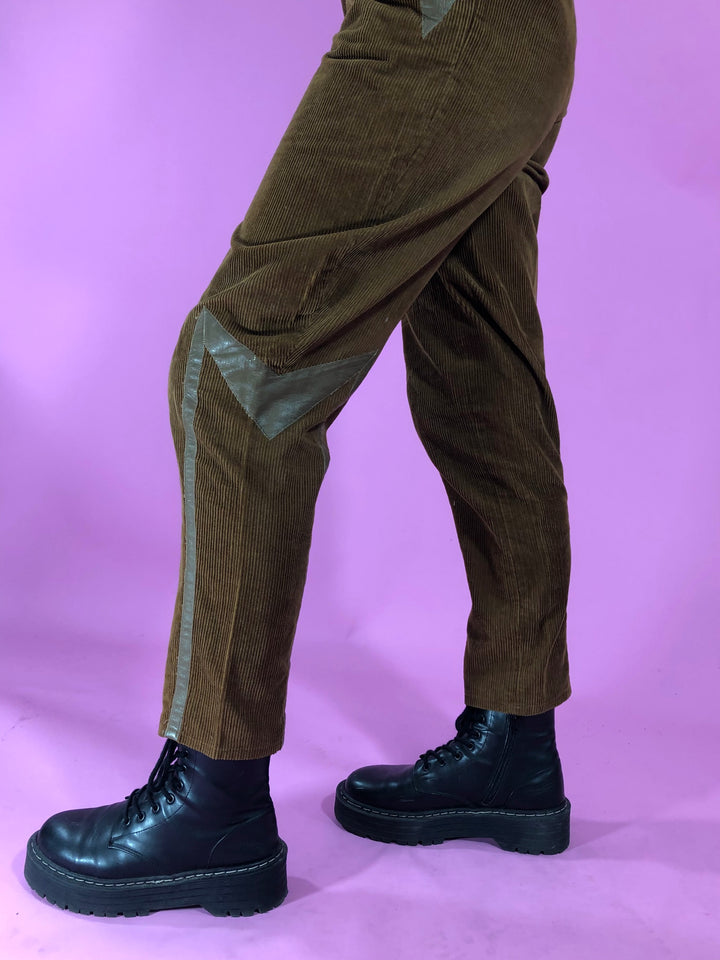 Vintage Super High Waisted Corduroy Pants w/ Letherette Details - Women's Medium